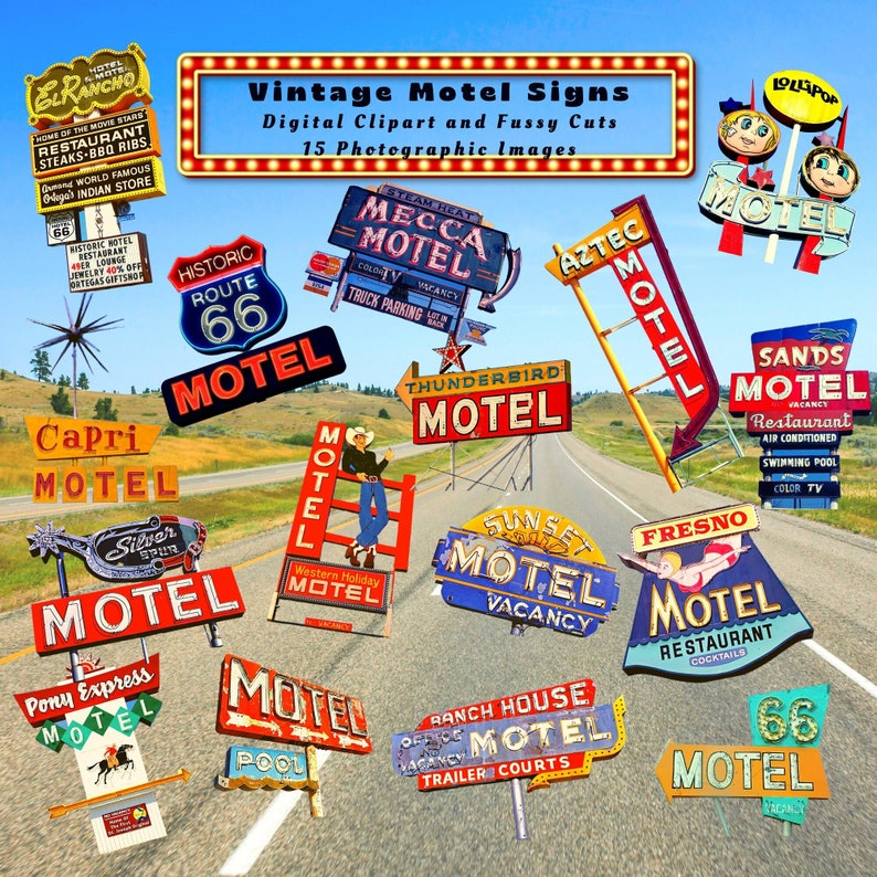 Puede incluir: Una colecci&oacute;n de letreros de motel vintage, con varios dise&ntilde;os y colores. Los letreros incluyen "El Rancho", "Mecca Motel", "Route 66", "Thunderbird Motel" y "Fresno Motel". La imagen tambi&eacute;n incluye el texto "Vintage Motel Signs".
