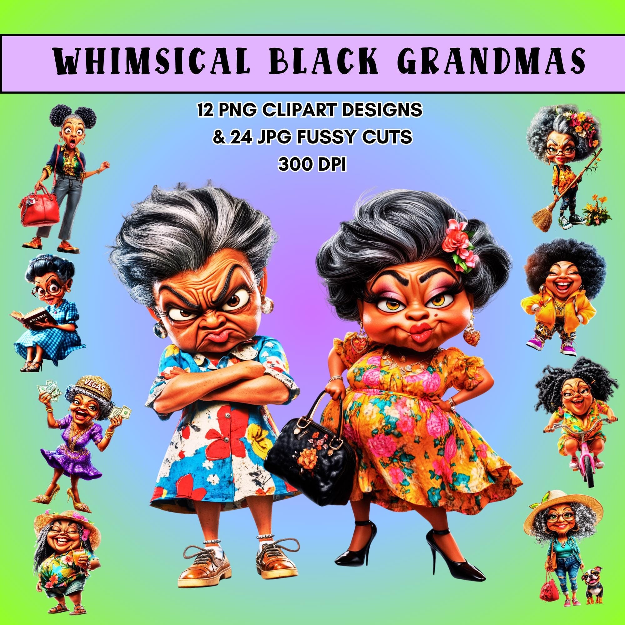 ✨aiken grandma✨ Whimsical Black Grandma Clipart: Funny African American Ladies