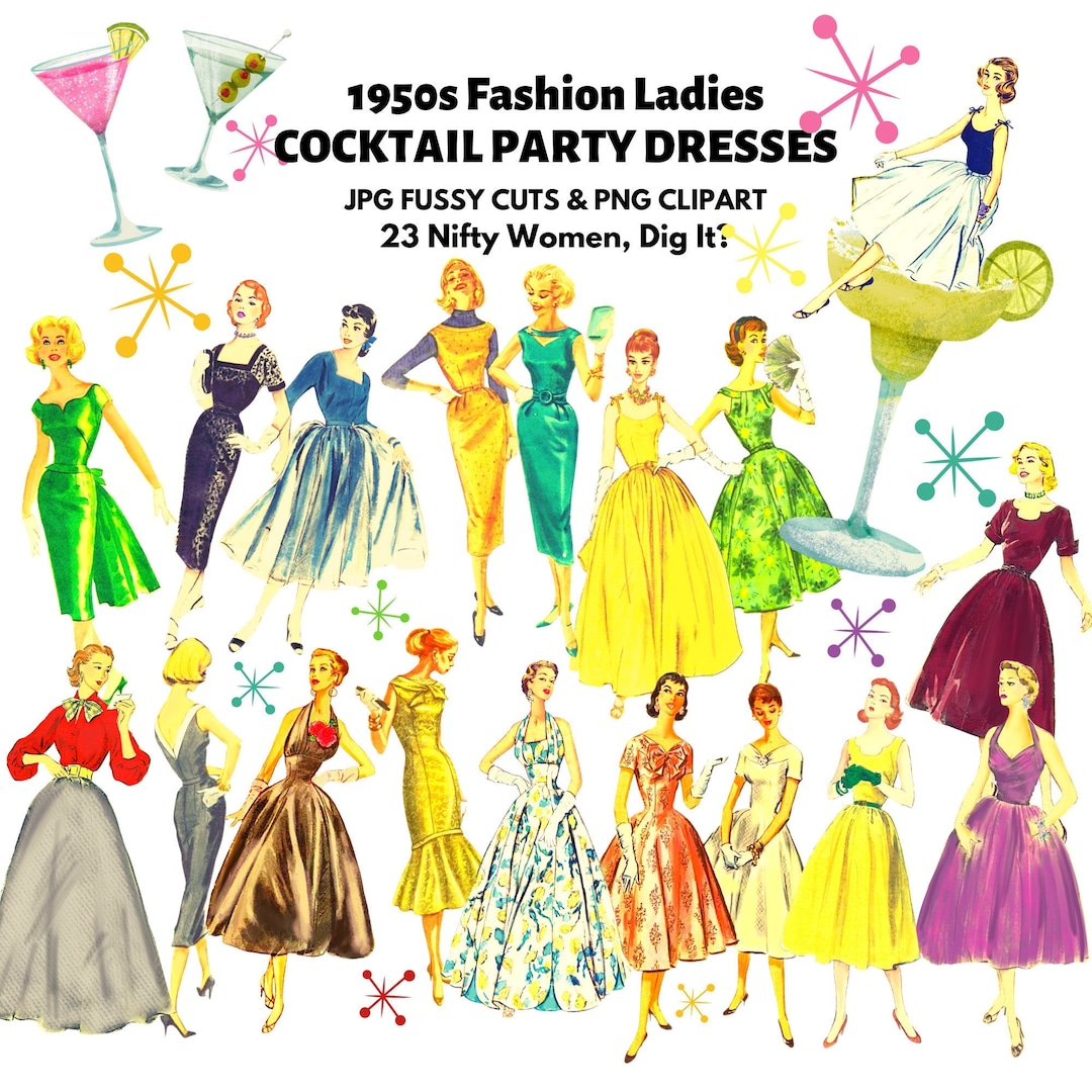 1950s Fashion Ladies Clipart: Vintage Cocktail Dresses (digital