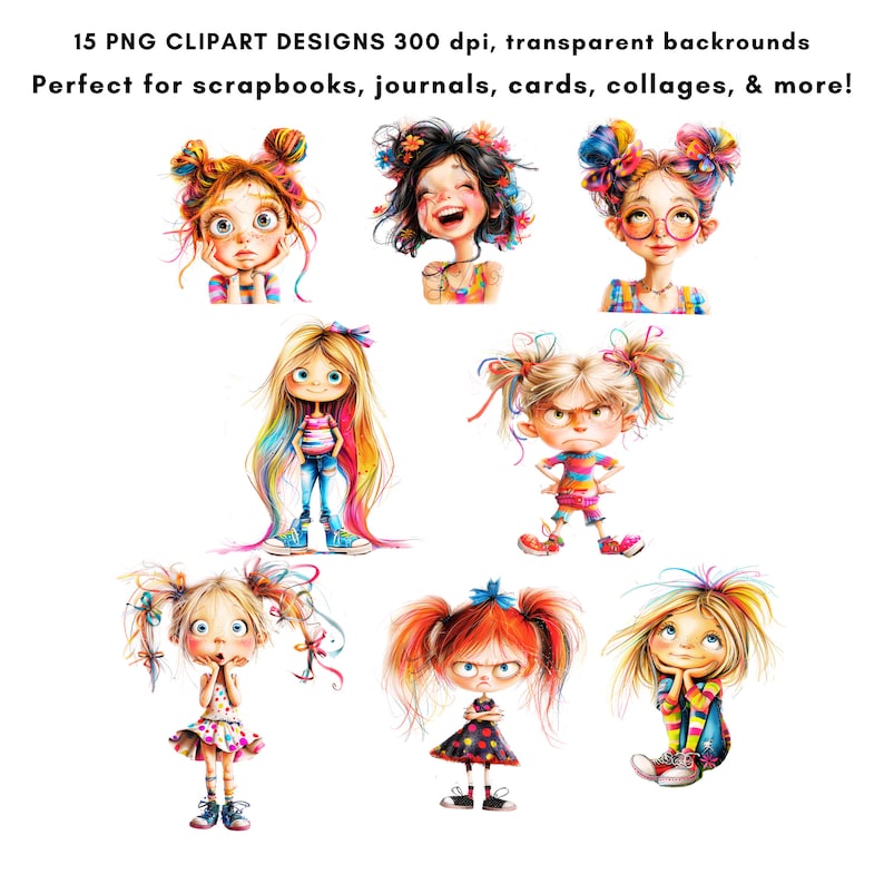 May include: Set of 10 digital illustrations of colorful cartoon girls with different hairstyles and expressions. The girls are wearing colorful clothing and have bright, expressive eyes.
