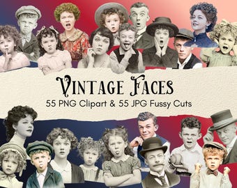 Clipart vintage gezichten: 55 png, jpg kieskeurige sneden (digitale download)