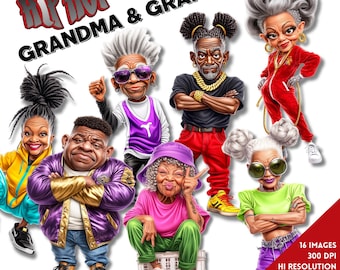 May include: A digital illustration set titled HIP HOP GRANDMA & GRANDPA featuring six cartoon characters in urban clothing, including a person in a purple jacket, a person in a pink shirt, and a person in a red tracksuit, with 16 images 300 DPI.
