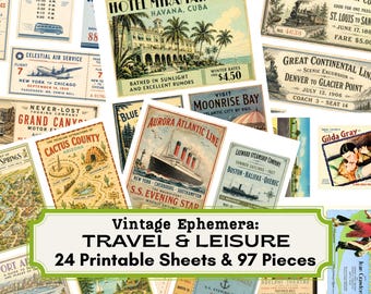 Vintage Travel Ephemera Printable, 97 Fussy Cuts, Junk Journal Kit (Digital Download)