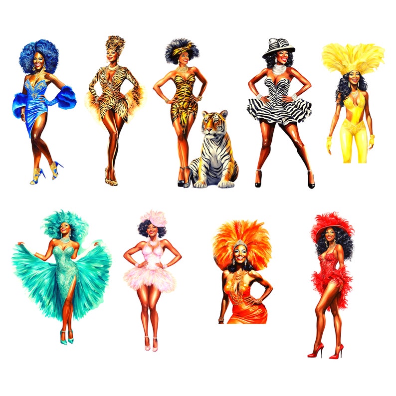 African American Showgirls Las Vegas Black Women Clipart PNG JPG Printable Fussy Cuts Journal Scrapbook Digital Download image 3