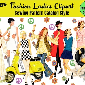 May include: A digital collection of 20 PNG images featuring 1960s fashion illustrations in a sewing pattern catalog style. The artwork depicts various figures in retro outfits, a yellow scooter, and floral motifs with peace signs on a white background.