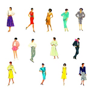 May include: A collection of 12 fashion illustrations featuring various styles of clothing for women. The illustrations are drawn in a vintage style and feature a variety of colors and patterns.