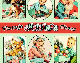May include: A collage of vintage Christmas-themed illustrations. The images include a puppy by a Christmas tree, a child with a toy train, children with Santa, a teddy bear, and a child with ornaments. The text "Vintage Christmas Cheer" is displayed.