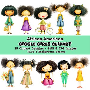Black Girl Clipart: African American Whimsical PNG Dolls (Digital Download)