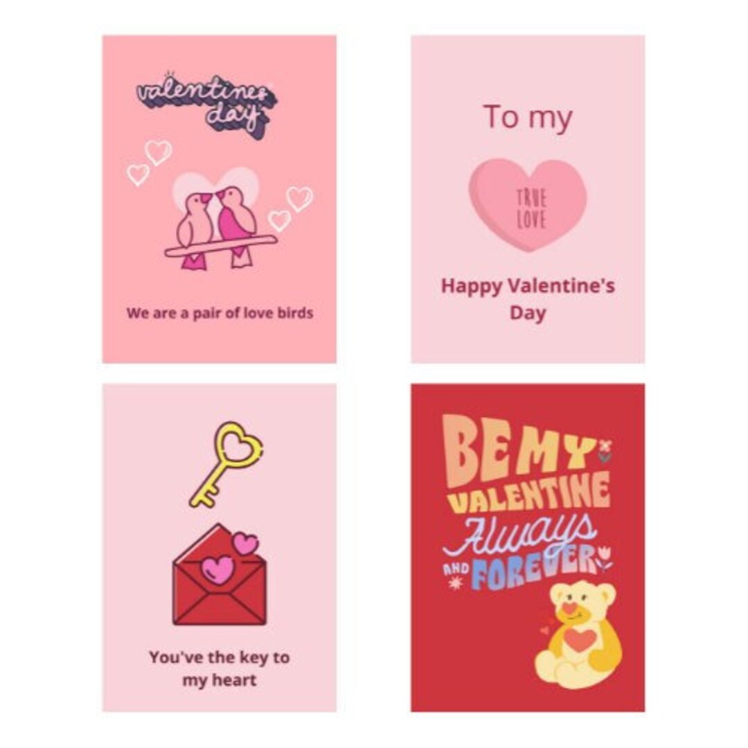 Set of Printable Valentine's Day Cards/ Set of 4 Instant Download