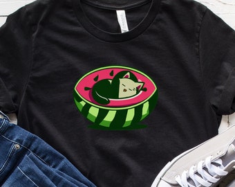 Melon Cat T-shirt, Cute Cartoon Cat Sleeping in a Watermelon Tee, Gift Shirt for Cat Lovers, Summer Adventures, Picnics, Beach Trips