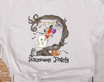 Halloween Party Cute Ghost T-Shirt, Spiderweb Tree Cute Halloween Balloon Shirt, Spooky Babe Witchy Clothing Autumn TShirt