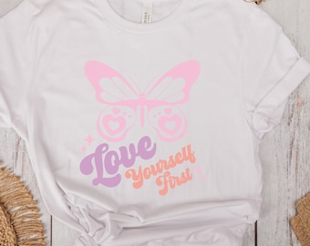Love Yourself First Valentine Butterfly T-Shirt, Cute Positive Saying Heart Shirt, Gift Shirt for Valentine's Day
