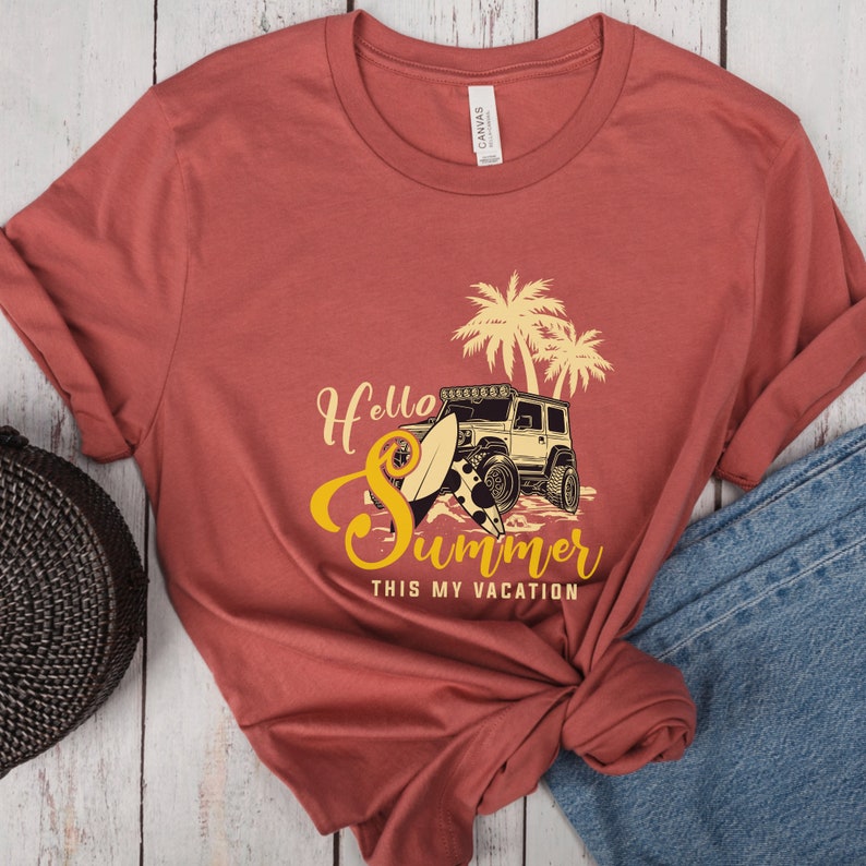 Fun Summer Graphic T-Shirt, Hello Summer Vacation Shirt, Beach Paradise, Yellow Jeep T-shirt, Summer Vibes Shirt Fashion image 2