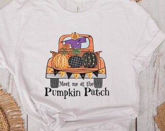 Meet Me at the Halloween Pumpkin Patch T-Shirt, Fall Harvest Truck Shirt Scarecrow Spooky Season Graphic Tee, Witchy Clothing Autumn TShirt