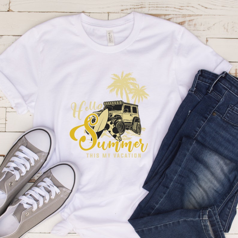 Fun Summer Graphic T-Shirt, Hello Summer Vacation Shirt, Beach Paradise, Yellow Jeep T-shirt, Summer Vibes Shirt Fashion image 7