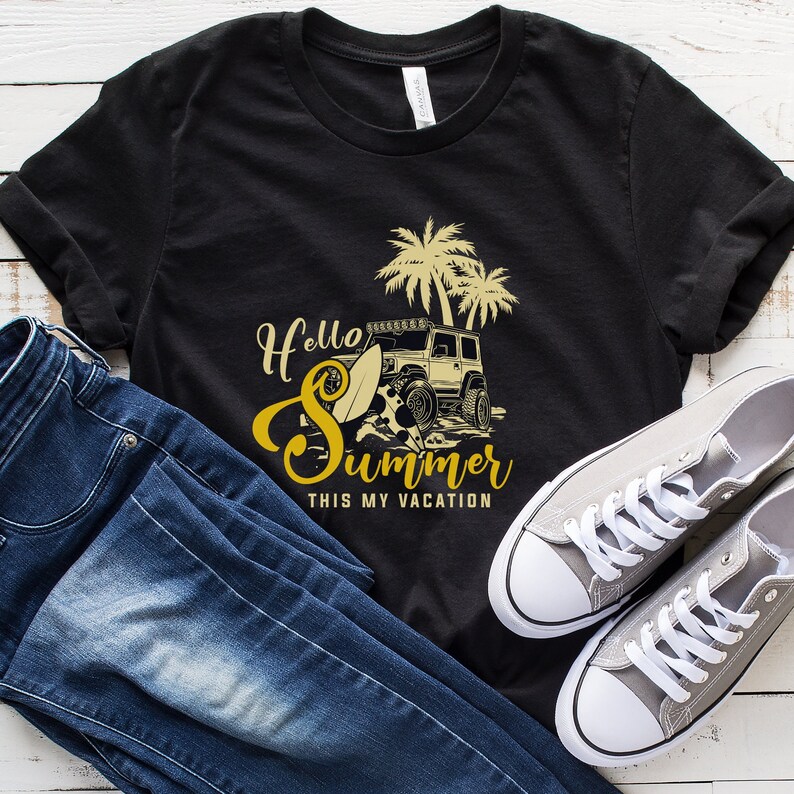 Fun Summer Graphic T-Shirt, Hello Summer Vacation Shirt, Beach Paradise, Yellow Jeep T-shirt, Summer Vibes Shirt Fashion image 1