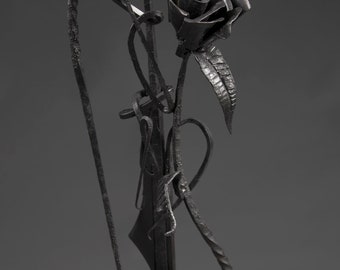 Candle Holder, Wrought Iron, hand forged Rose, David Blakeslee Blacksmith