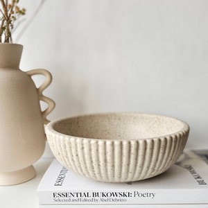Decorative Ribbed Bowl Handmade Speckled Beige