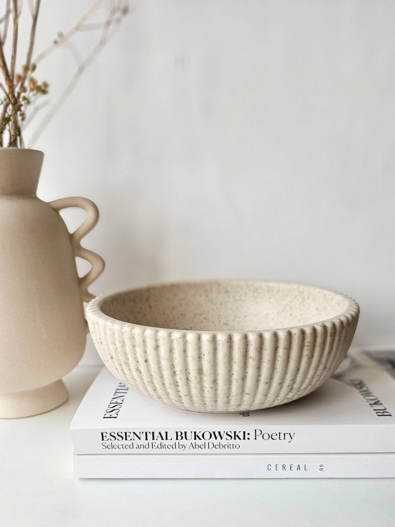 Decorative Ribbed Bowl Handmade Speckled Beige