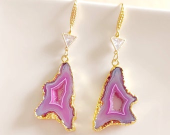 Pink Agate Earrings Gold, Cute Statement Earrings Dangle, June Birthday Gifts for Her Unique, 5th Anniversary Gift for Wife, Self Confidence
