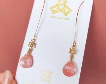 Watermelon quartz earrings dangle gold, Chinese Knot Earrings, Oriental Jewelry, Birthday gift for sister in law, pink crystal drop earrings