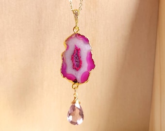 Kunzite Necklace Gold, Pink Agate Slice Necklace Long, Barbiecore, unique birthday gifts for best friend, 5th anniversary gift for wife