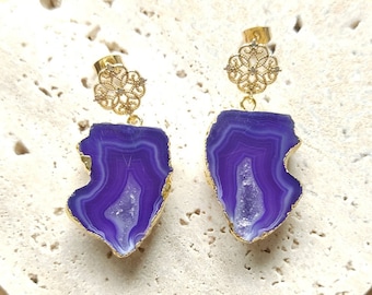 Purple Agate Earrings Gold, Geode Druzy Earrings Dangle, Unique Birthday Gifts for Mum, May Birthstone Jewelry Gift for Her, Peranakan Style
