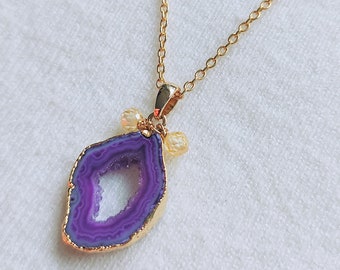 Mini Agate Slice Necklace, Purple Stone Pendant Necklace for women, zircon necklace gold, Unique Birthday gifts for sister in law gift for