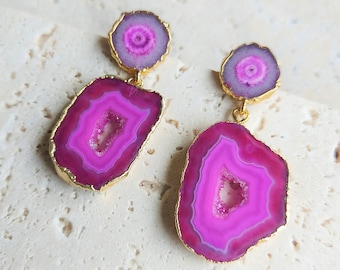 Hot Pink Agate Slice Earrings Gold, Solar Quartz Earrings, unique gift for girlfriend anniversary gift for wife, barbiecore jewelry, magenta