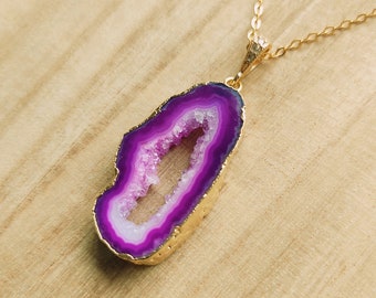 Purple Agate Necklace for women, Geode Necklace Gold, unique birthday gift for mom, 6th anniversary gift for wife, boho, mothers day gift