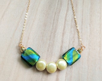 Neon Green Glass Necklace Gold, Yellow Shell Bead Necklace Long, Unique gifts for sister in law birthday, Anniversary gifts for girlfriend