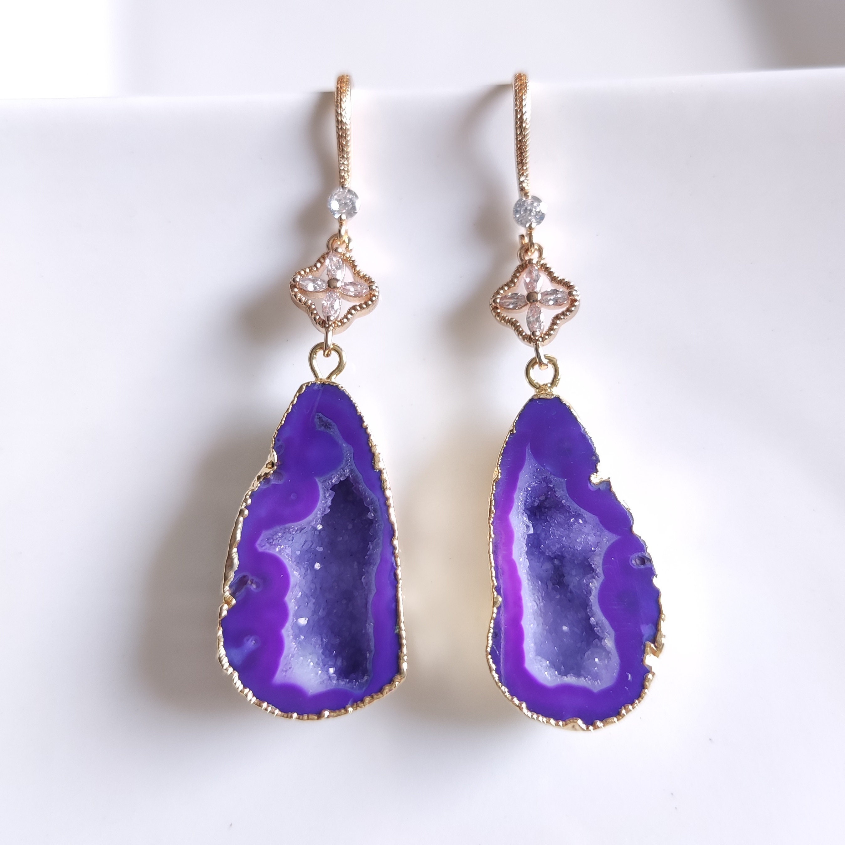 Purple Geode Earrings Dangle, Druzy Agate Earrings Statement, Gemini Birthstone, Unique Birthday Gift for Her, Anniversary Gifts for Wife