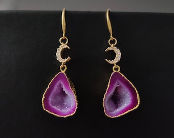 Purple geode earrings dangle, druzy earrings gold, Unique gift for wife birthday gift for girlfriend, Celestial Jewelry, Crescent moon