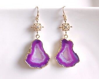 Purple Druzy Earrings Agate Dangle, Crystal Cross Earrings Gold, May Birthstone Jewelry Gift For Mom Birthday, Protection Crystal Earrings