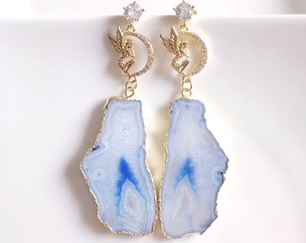 Blue Druzy Agate Crystal Earrings Statement Dangle, Fairycore Earrings Jewelry Whimsical, Unique Gifts for Girlfriend Birthday Gifts for Her