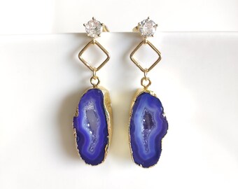 Blue Purple Earrings Crystal, Druzy Agate Earrings Dangle, June Birthstone Jewelry, Unique gifts for her graduation, 5th Anniversary gift