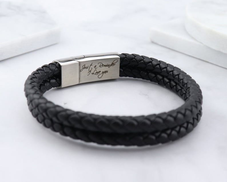 Personalised Engraved Leather Stainless Steel Mens Engraved Bracelet Christmas Gift Fathers Day Black Brown Boyfriend Girlfriend Dad Daddy image 5