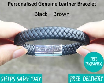 Leather Fathers Day Stainless Steel Mens Personalised Engraved Bracelet-Black Brown Silver- Dad Boyfriend Fathers day For Him Christmas Gift