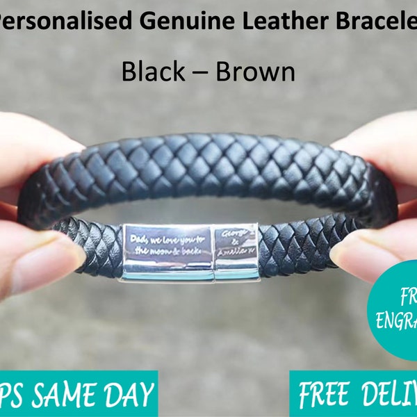 Leather Fathers Day Stainless Steel Mens Personalised Engraved Bracelet-Black Brown Silver- Dad Boyfriend Fathers day For Him Christmas Gift