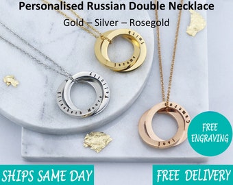 Personalised interlocking 2 circles necklace-Russian ring necklace - Gift for mum mother - Gold Silver Rosegold Valentines Christmas Gift