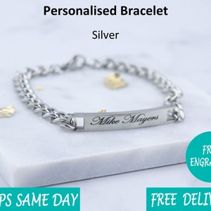 Personalised Stainless Steel Men&#39;s Bracelet - Engraved Custom Silver Gift for Dad Boyfriend Christmas Fathers Day