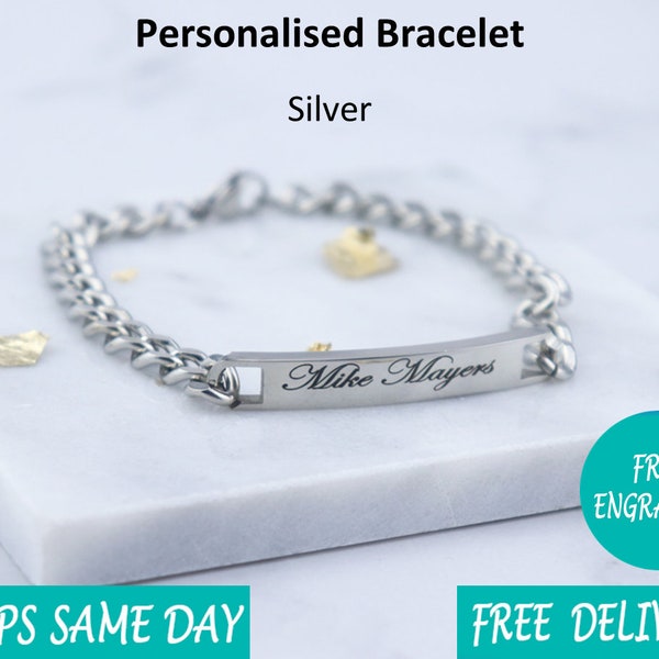 Bracelet personnalisé en acier inoxydable pour hommes - Gravé personnalisé - Argent - Cadeau de Noël pour la fête des pères - Petit ami petite amie papa