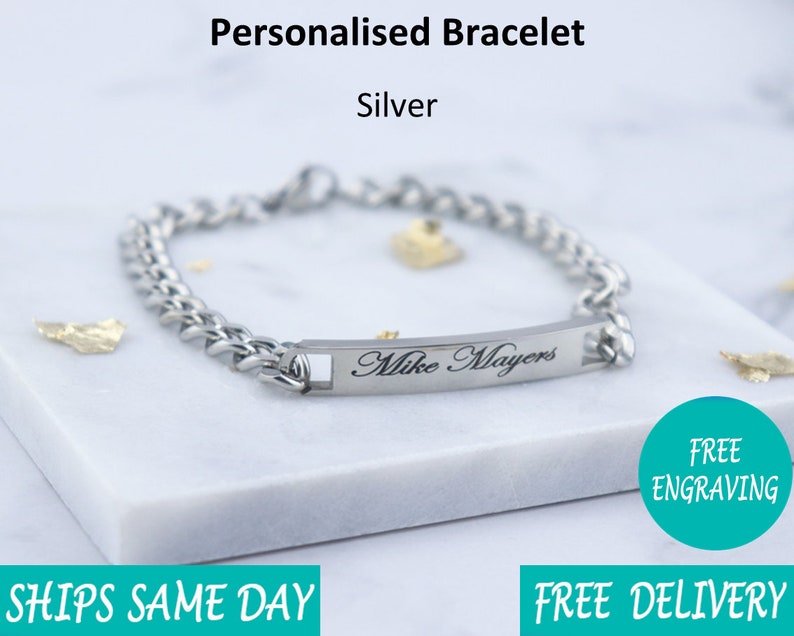 Personalised Steel Identity Mens Stainless Steel Bracelet - Personalised Engraved - Silver - Fathers Day Gift - Boyfriend Girlfriend Dad 