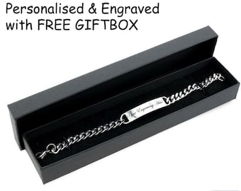Personalised Bracelet Engraved Gift Engraved Steel Identity Mens Stainless Steel - Silver Fathers Day Boyfriend Girlfriend Dad Daddy