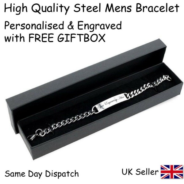 Personalised Bracelet Engraved Gift Engraved Steel Identity Mens Stainless Steel - Silver Fathers Day Boyfriend Girlfriend Dad Daddy