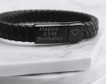 Vienna Leather Stainless Steel Personalised Mens Engraved Bracelet - Black -Christmas Gift - Fathers Day Gift - Dad Daddy Brother Boyfriend