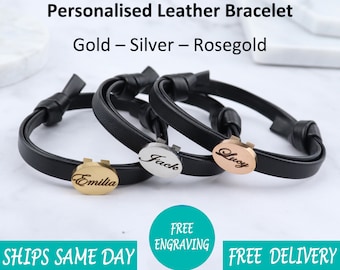 Personalised Engraved Name Leather Womens Bracelet Date Couple-Christmas Gift- Gift for her mum mother girlfriend - Silver Rosegold Gold -