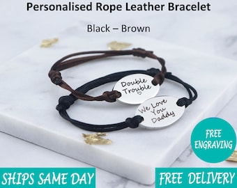 Mumbai Rope Stainless Steel Mens Personalised Engraved Bracelet - Fathers Day Christmas Gift - Black Brown Silver - Boyfriend Husband Dad