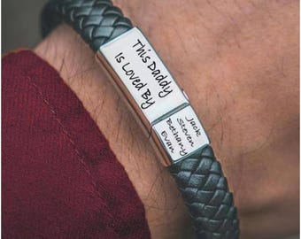 Leather Stainless Steel Mens Personalised Engraved Bracelet Fathers Day - Black Brown Silver Dad Daddy Father Boyfriend Grandad Giftbox