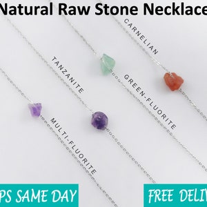 Natural Raw Crystal Necklace – Healing Gemstone Pendant in Carnelian, Fluorite, Tanzanite, Amethyst – Dainty Minimalist Gift for Her